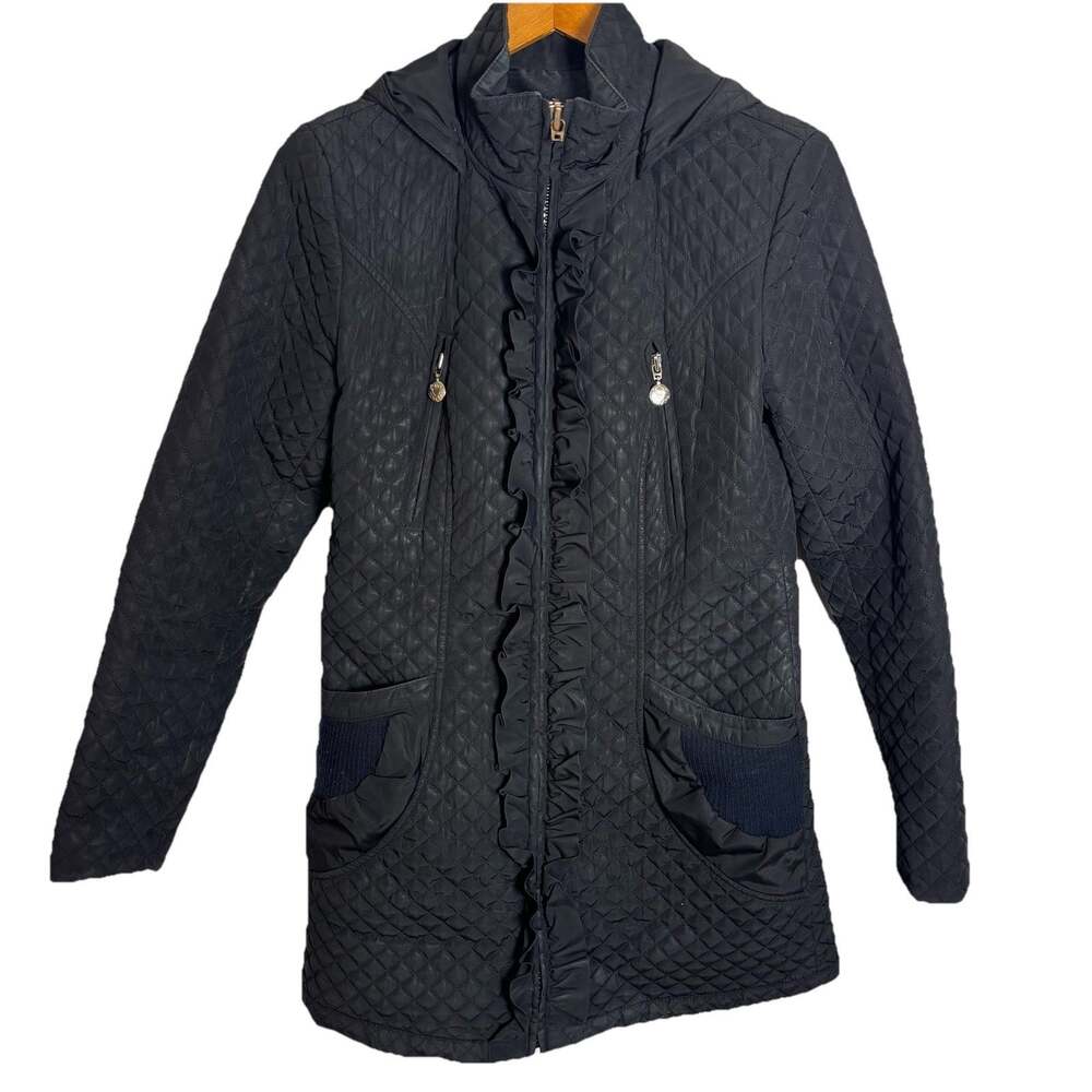 Betsey Johnson Coat Size S Quilted Ruffle Removable Hood Mid Length